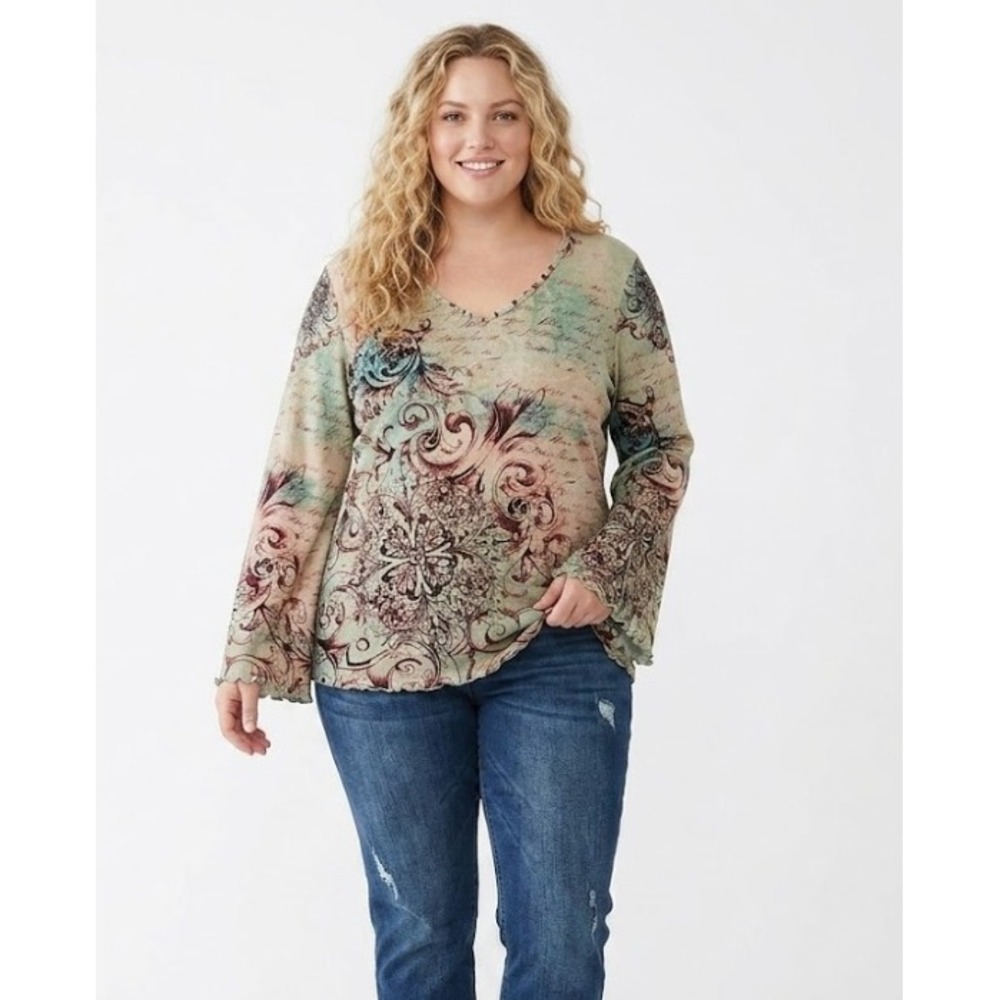 Vintage Xcit U.S.A size 2X Abstract Boho Print Flare Sleeve Stretch Blouse‎